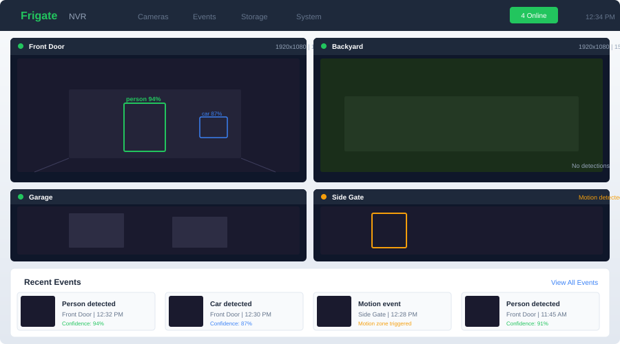 Frigate NVR dashboard showing camera feeds with object detection