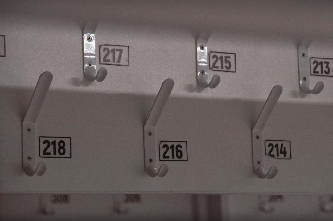 A row of metal hooks with numbers on them